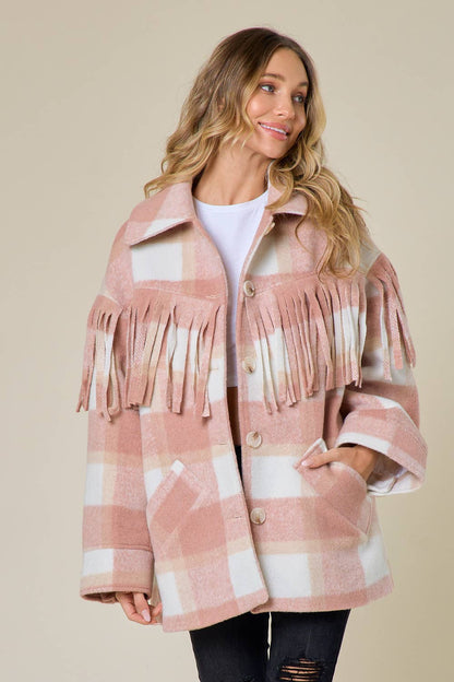 Blush Thick Plaid Fringe Shacket