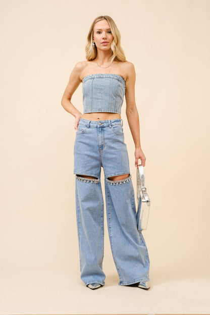 Mid Rise Crystal Peekaboo Denim Jeans