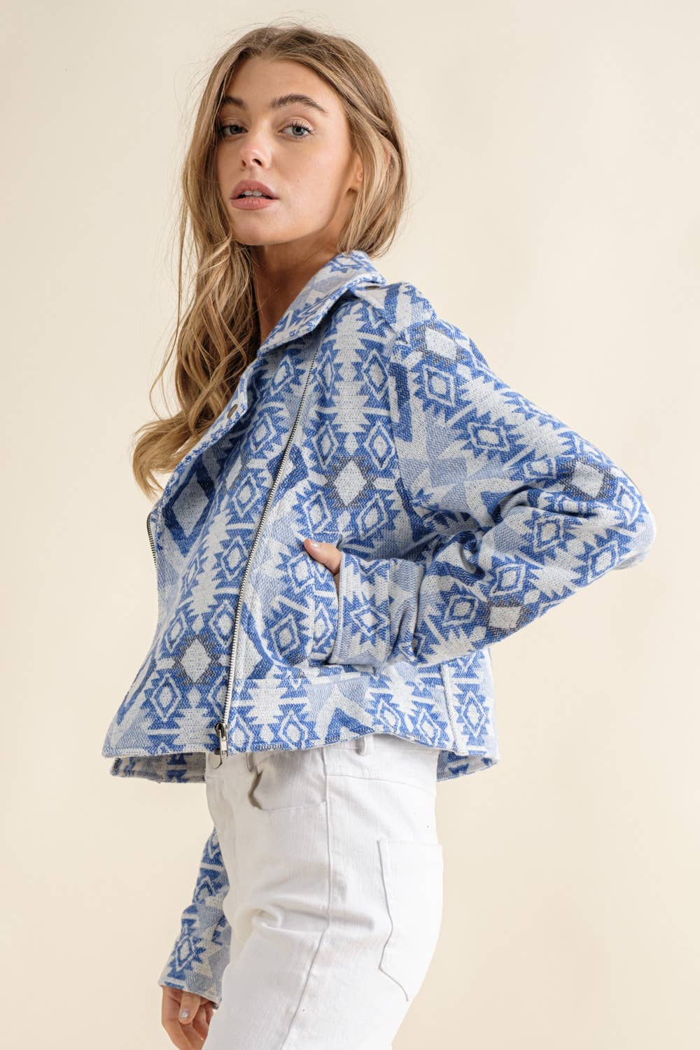 Exclusive Jacquard Aztec Crop Moto Jacket