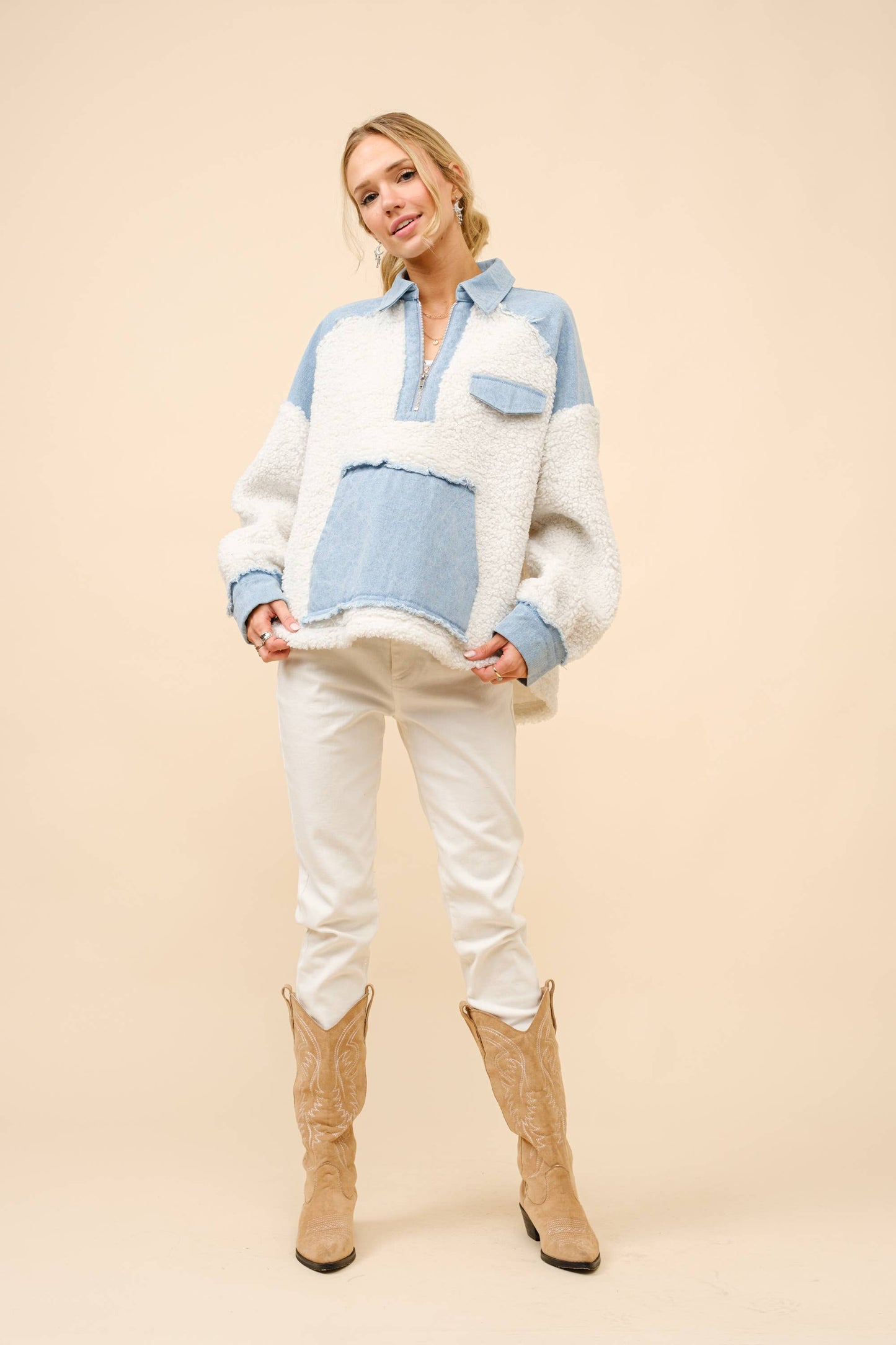 The Teddy Denim Mix Zip Up Pullover