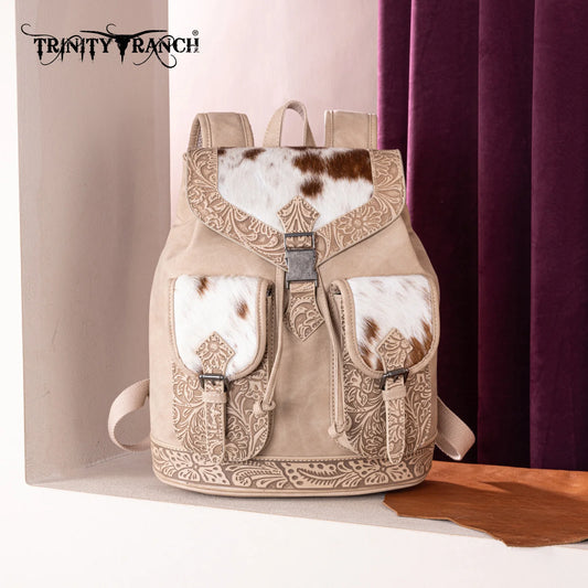 Trinity Ranch Genuine Hair-On Cowhide Tooled Backpack - Tan