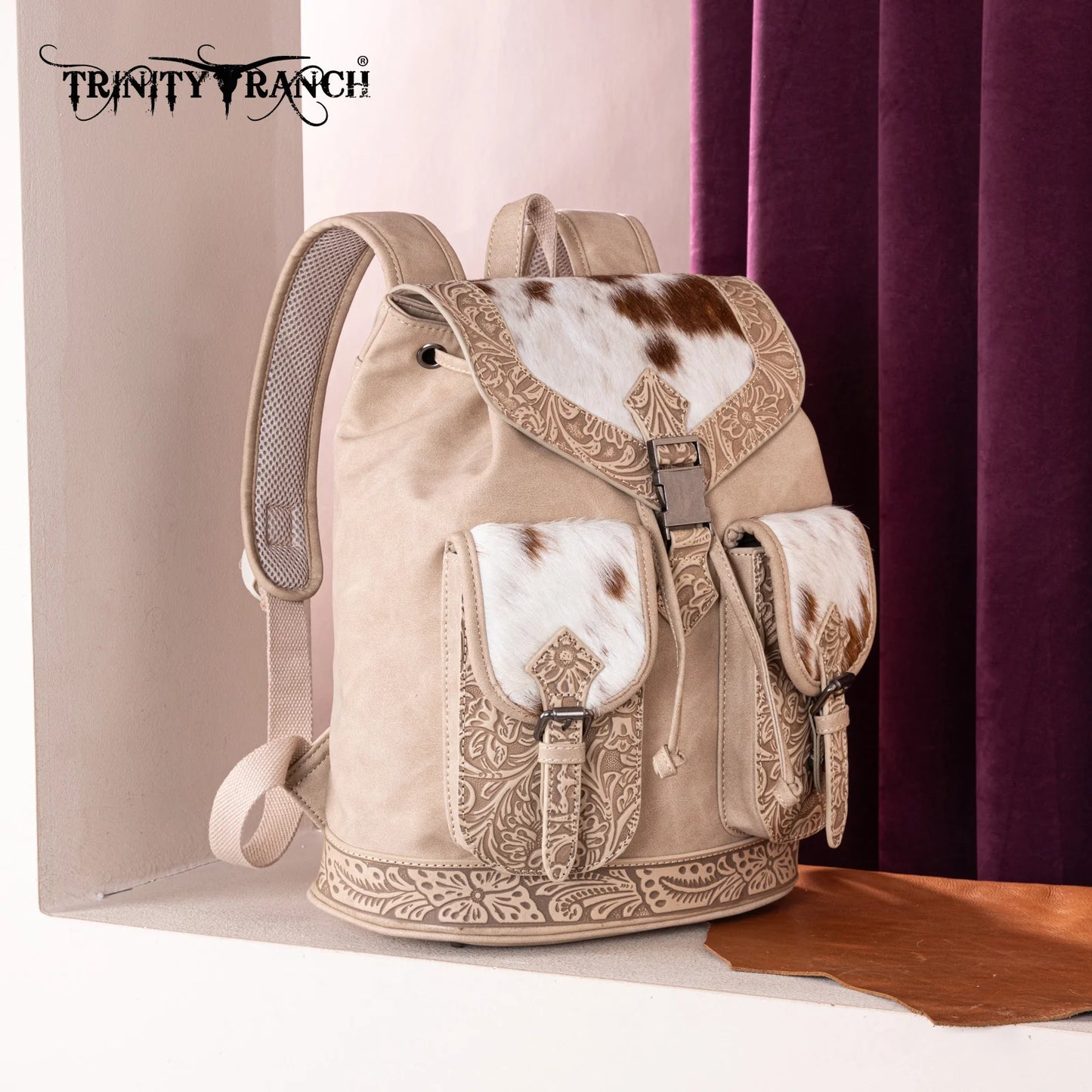 Trinity Ranch Genuine Hair-On Cowhide Tooled Backpack - Tan